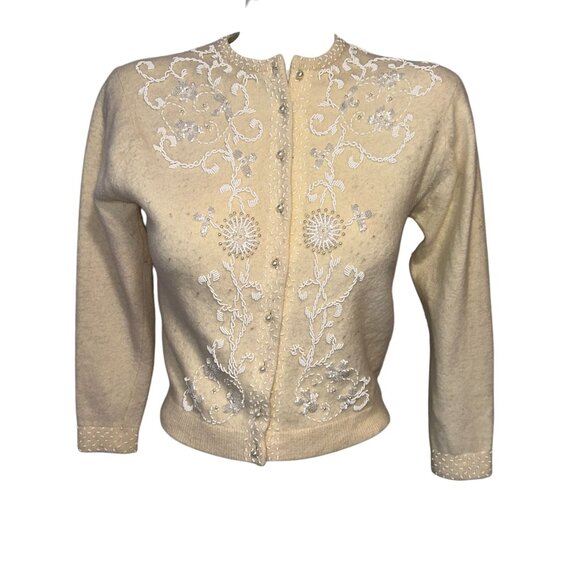 Vtg 50s Marshall Fields Cream Cashmere Cardigan Beaded Sequin Size 36 Small - Picture 1 of 6